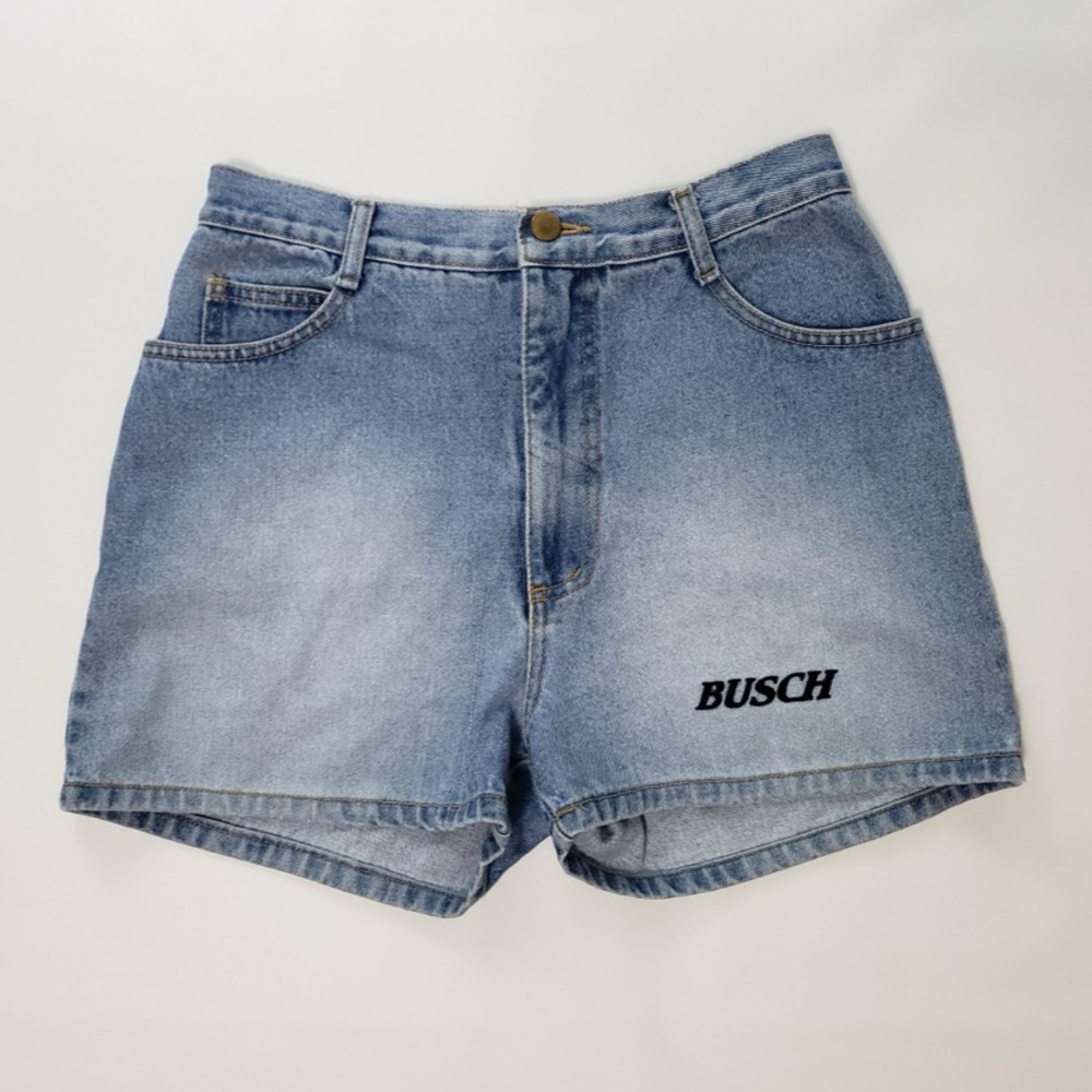 Women's Vintage 90’s Busch Beer Embroidery Blue Fade Denim High Waist Mom Shorts